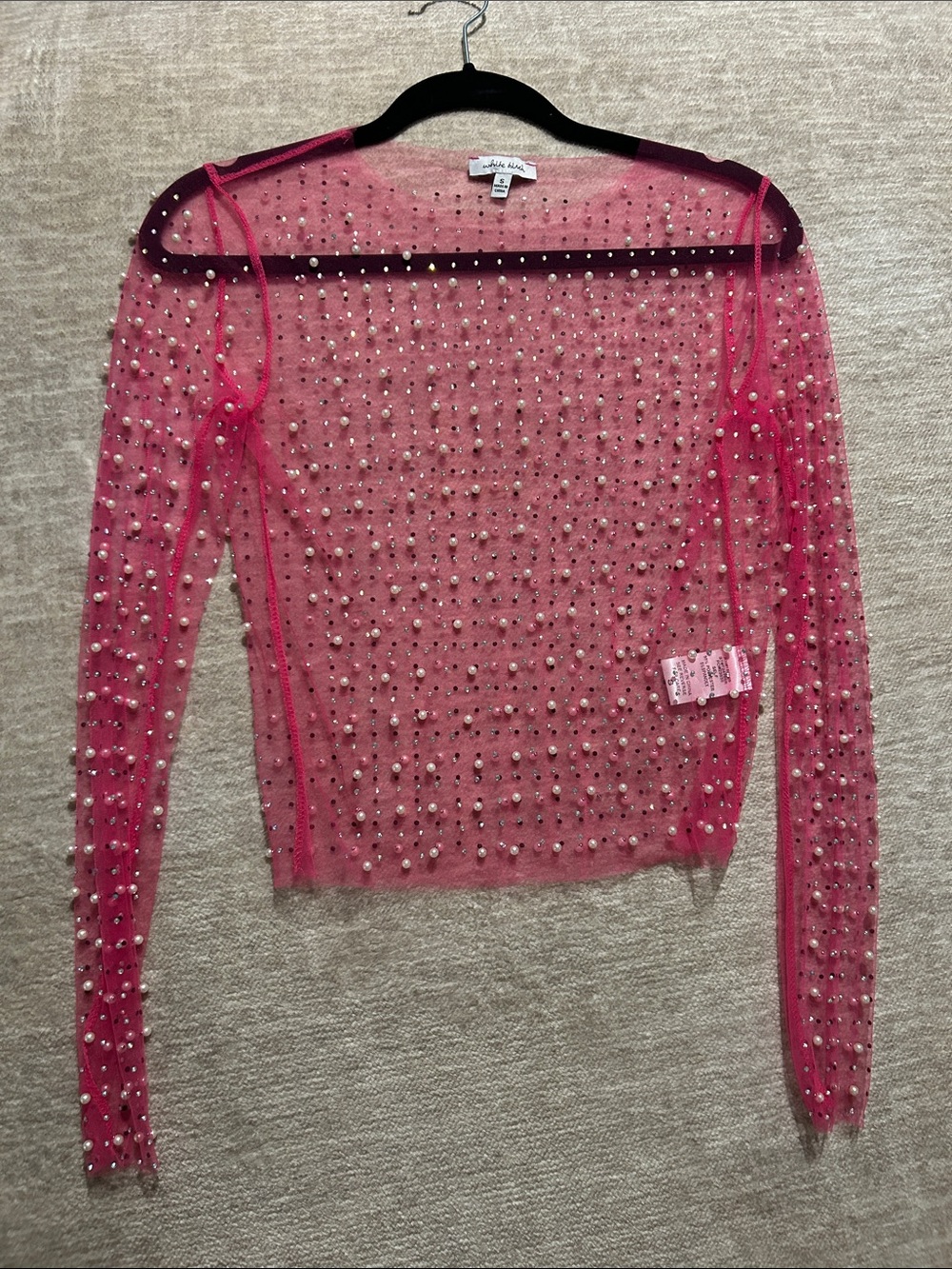 white birch Hot Pink Sheer Beaded Long-Sleeve Mesh Top